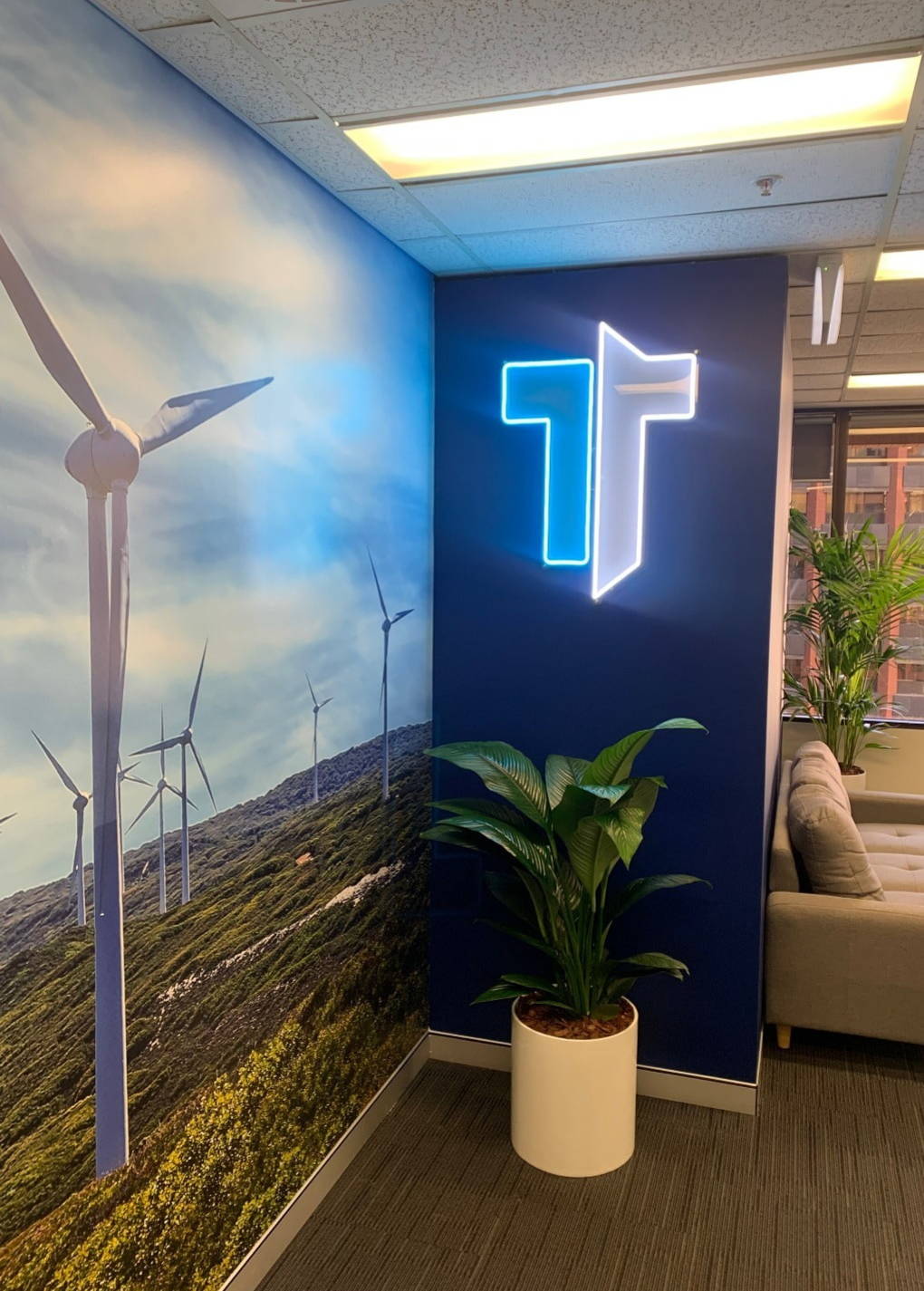 Wind farm mural, titan recruitment logo and plants at the reception of Titan Recruitment Perth Office